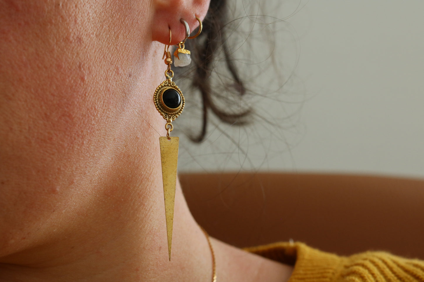 Brass earrings with Tourmaline charm