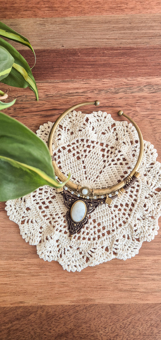 Yemaya – Moonstone Brass Torque Choker (Handmade Micro‑Macramé)