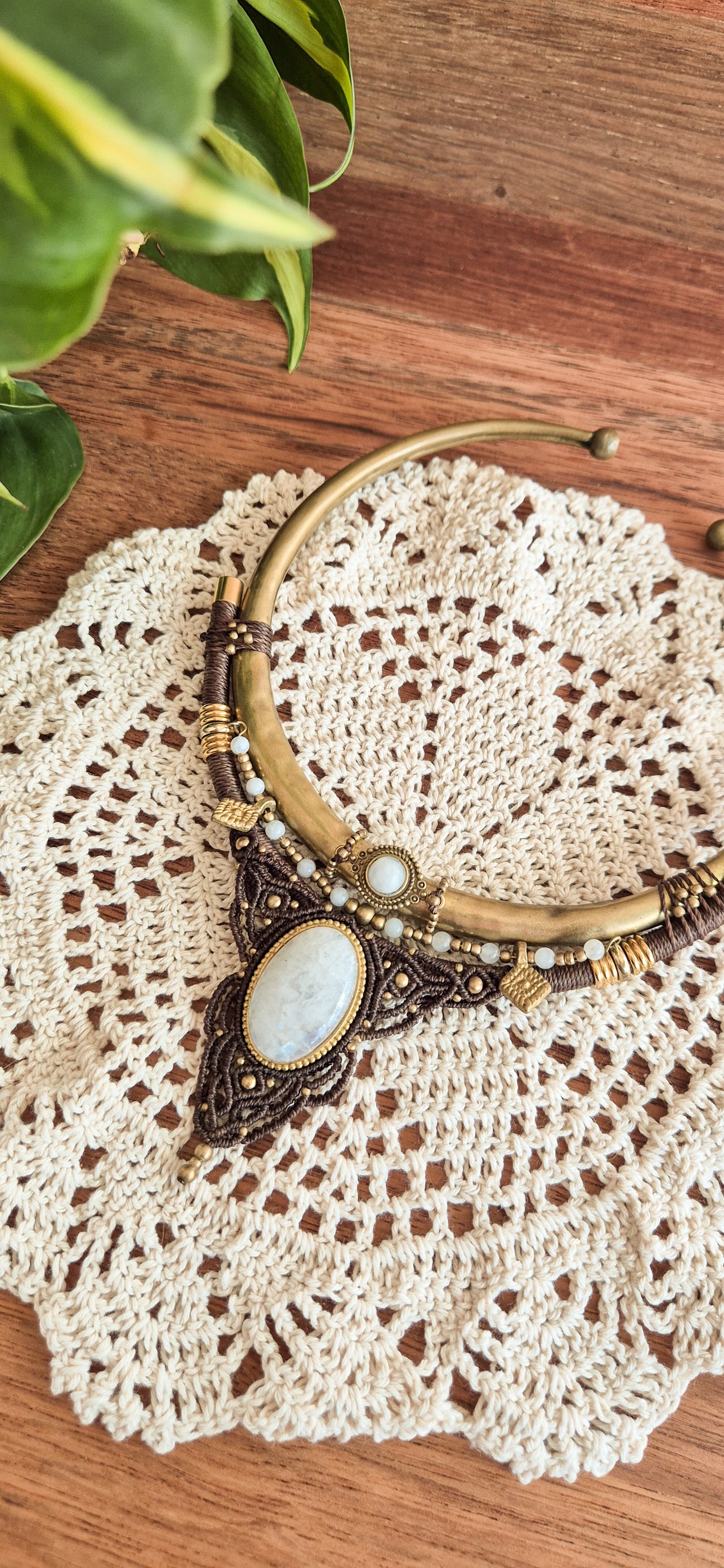 Yemaya – Moonstone Brass Torque Choker (Handmade Micro‑Macramé)