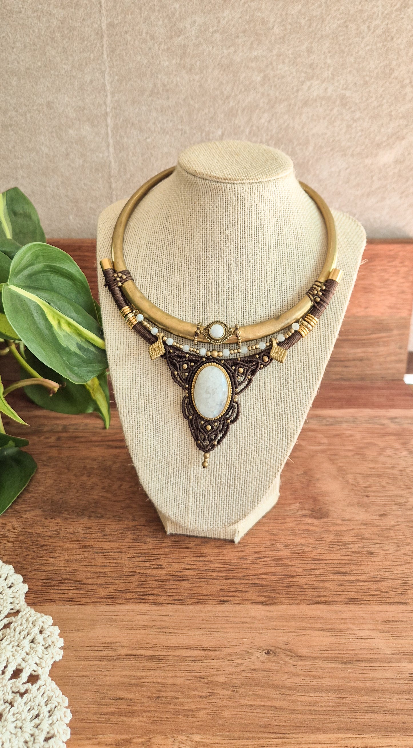 Yemaya – Moonstone Brass Torque Choker (Handmade Micro‑Macramé)