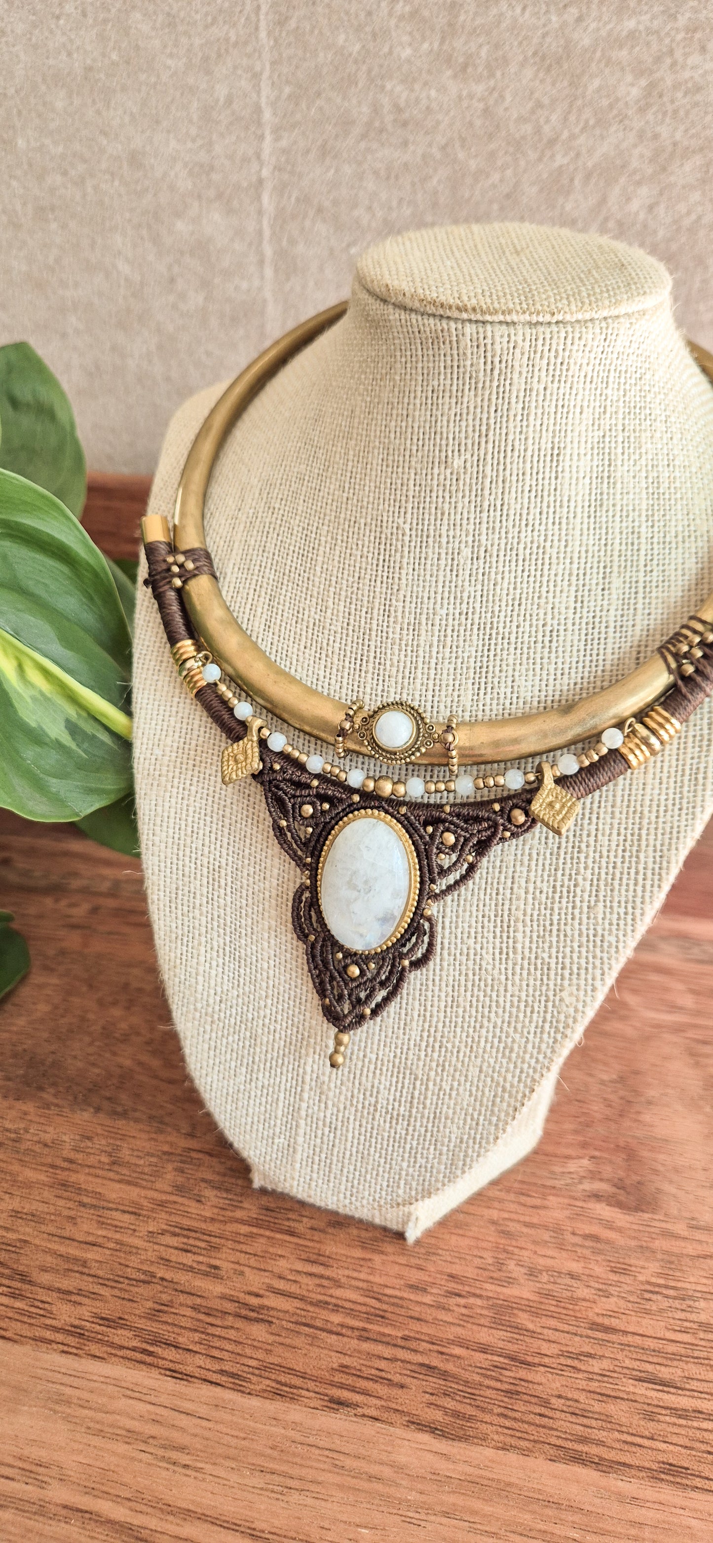 Yemaya – Moonstone Brass Torque Choker (Handmade Micro‑Macramé)