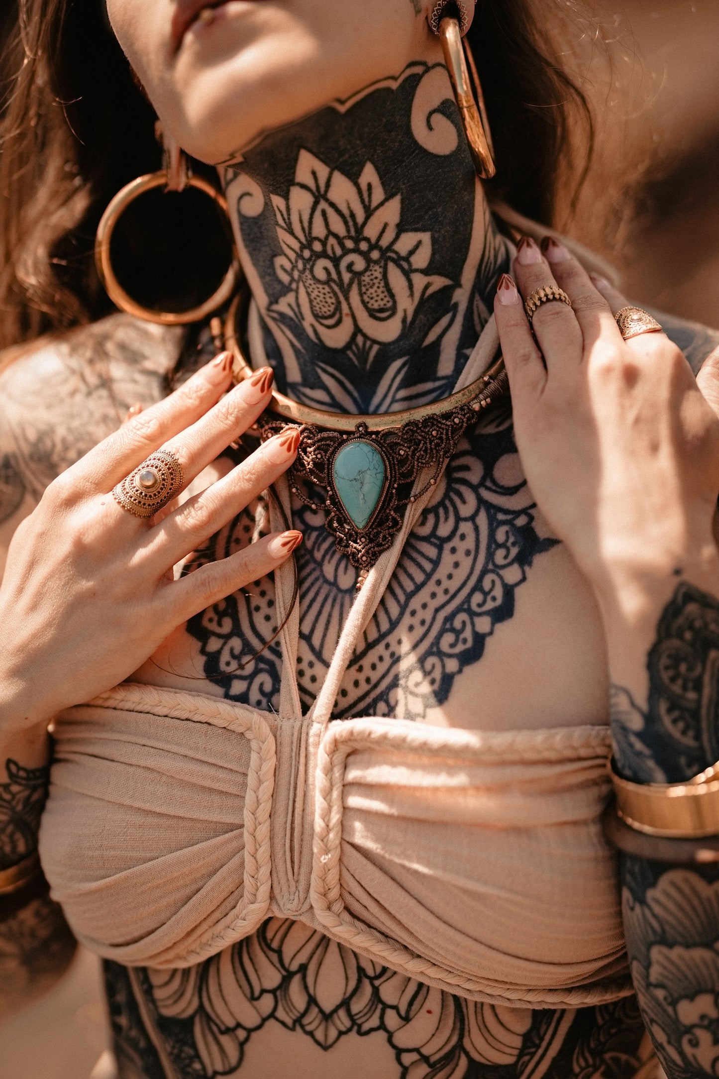 Skye – Turquoise Brass Torque Choker (Handmade Micro‑Macramé)
